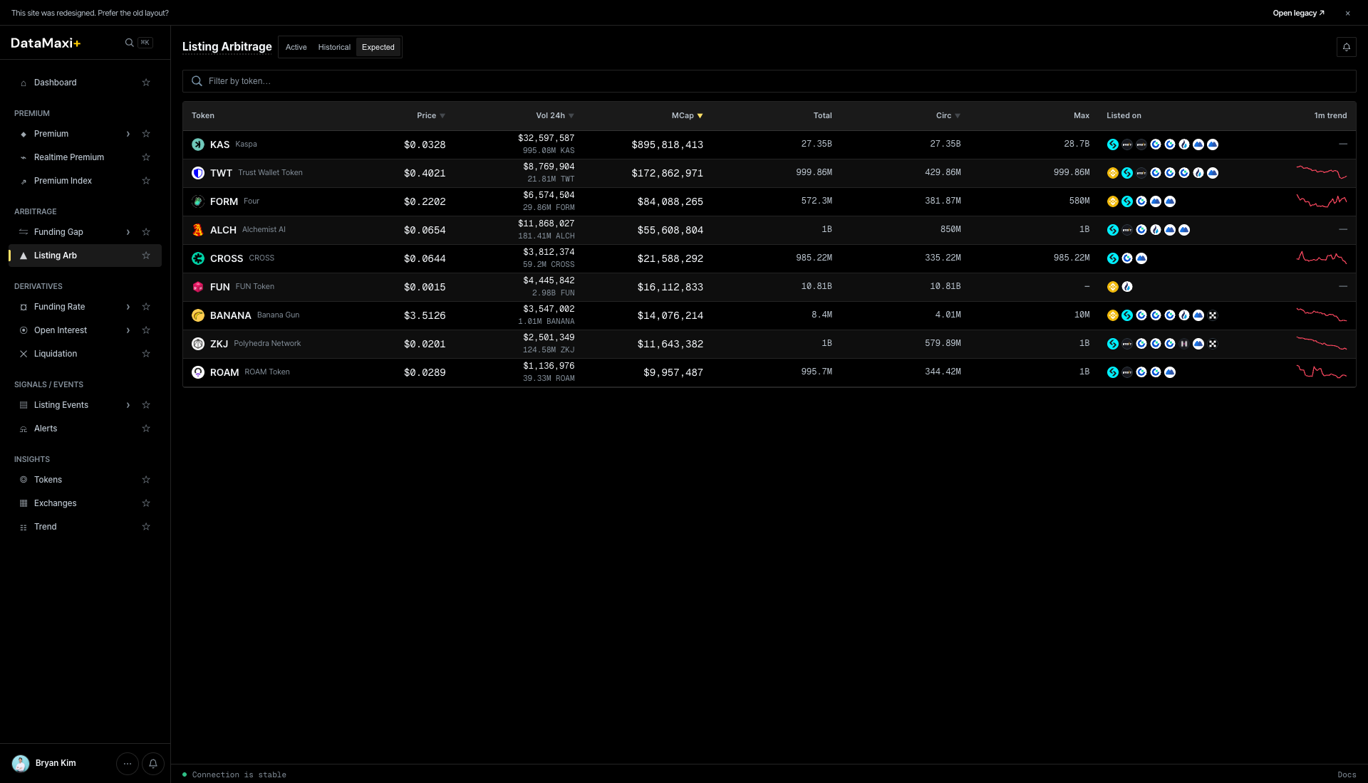 Listing Arb — Expected tab